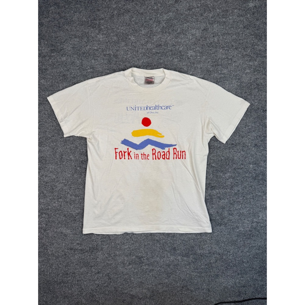 Vintage Oneita Fork in the Road Run T-Shirt Large White United Airlines 90s Tee